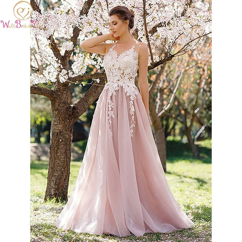 Light Pink Prom Dresses 2022 Elegant Lace Applique Tulle Long  Evening Dress O Neck Sleeveless A Line Chic Party Walk Beside You