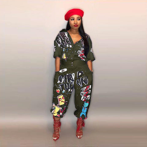 Geumxl 2023 New Style Brand Fashion Hip Hop Style Women Jumpsuit Special Letter Turn Down Collar Half Sleeve Romper Jumpsuit