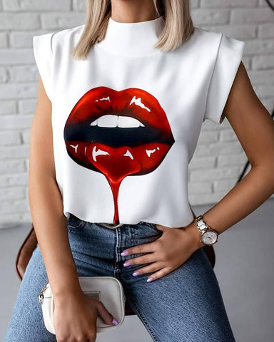 Geumxl Fashion Women Elegant Lips Print Tops Blouse Shirts Summer Ladies Office Casual Stand Neck Pullovers Eye Blusa Tops