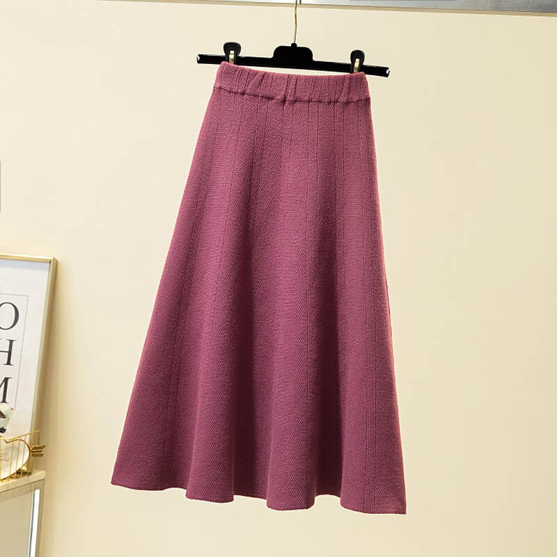 Geumxl Fashion Autumn Winter Knitted Knee-Length A-line Skirt Women Elegant Korean Style High Waist Midi Skirt Female