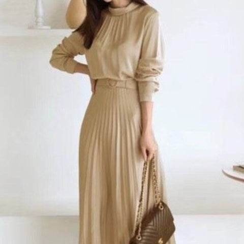 Geumxl Christmas Gift Women Autumn Casual Pleated Maxi Dresses Vintage Office Lady Loose Vestido Fashion Korean Long Sleeve Belted Midi Dress