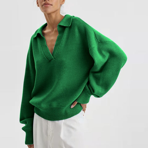 Geumxl V-Neck Knitted Women's Sweater Pullover Green Long Sleeve Loose Winter Jumper Female 2022 New Drop-Shoulder Fashion Sweaters