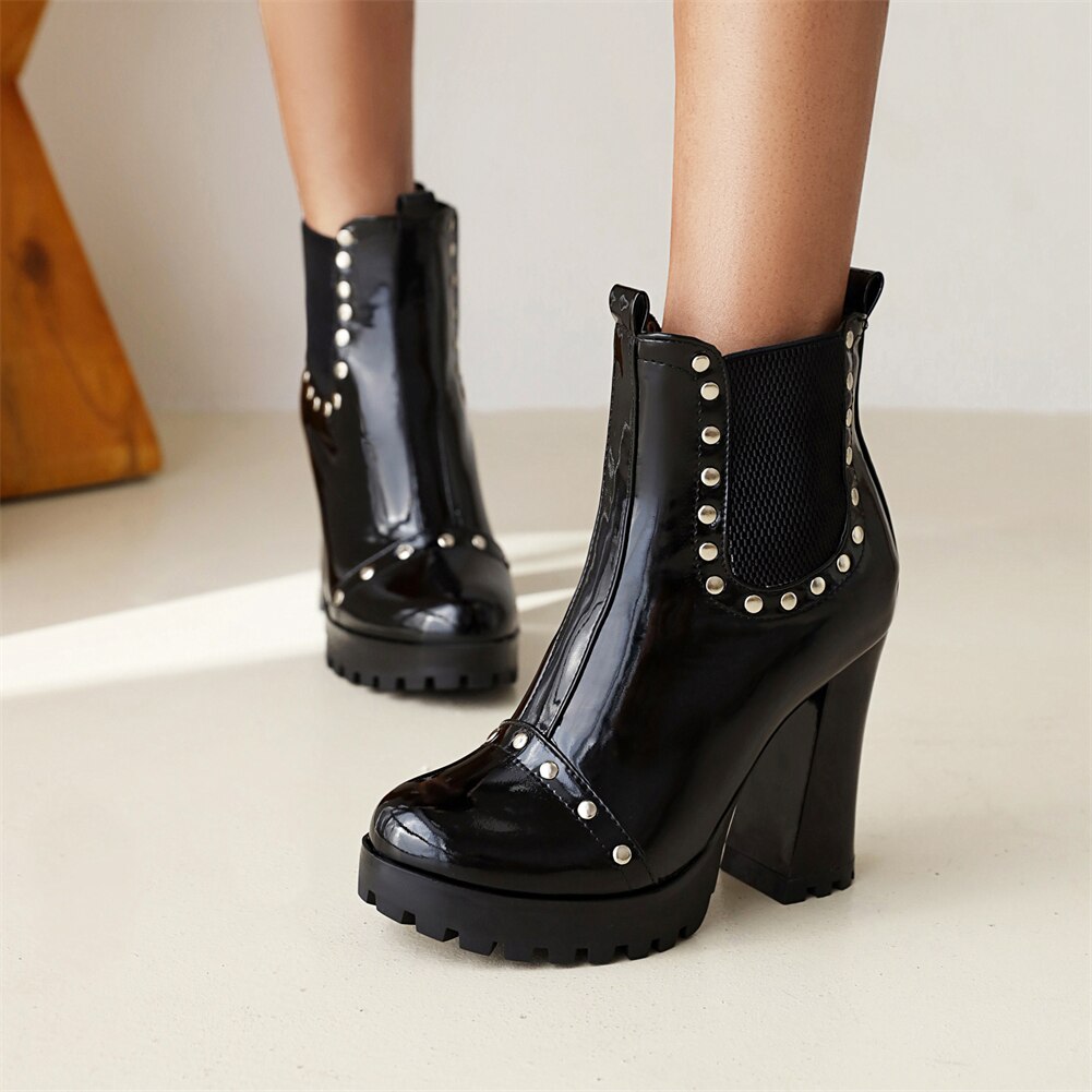 Mature Fashion Autumn Brand women's Short Boots Platform Chunky High Heels Rivet Spring Shoes Office Ladies Ankle Boots