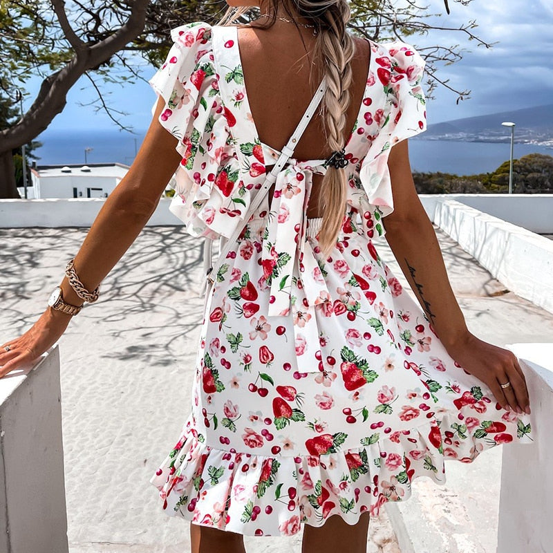 Summer Butterfly Sleeve Floral Print Dress 2022 Women Ruffle Square Collar Back Lace-up Sundress Boho A Line Beach Party Dress