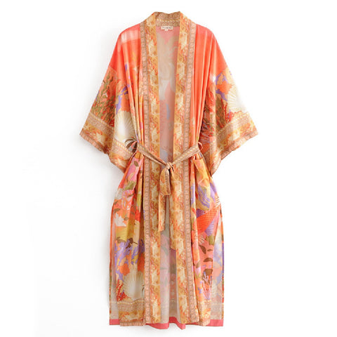 Geumxl 2022 Printed Summer Beach Wear Clothing Long Kimono Autumn Plus Size Tunic Women Tops Self Belted Wrap Coat A155