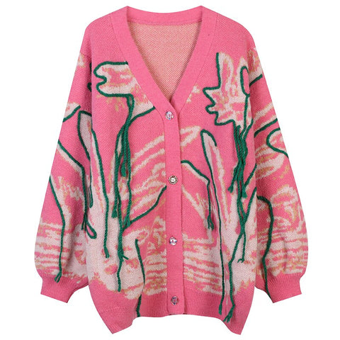 Geumxl Women Knitted Jumper Cardigans Sweater Vintage Pink Tassel Knit Cardigan 2022 Long Sleeve Boho Fall Winter Warm Sweaters