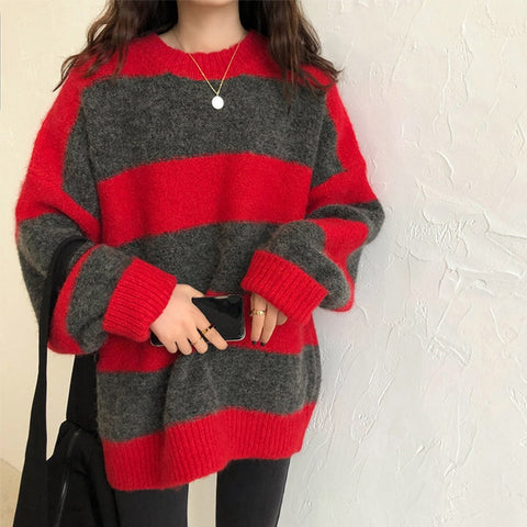 Geumxl Autumn Striped Knitted Sweaters Women Vintage Loose Pullover Winter Casual Jumper Ladies Oversized Sweater Sueter Mujer 2023