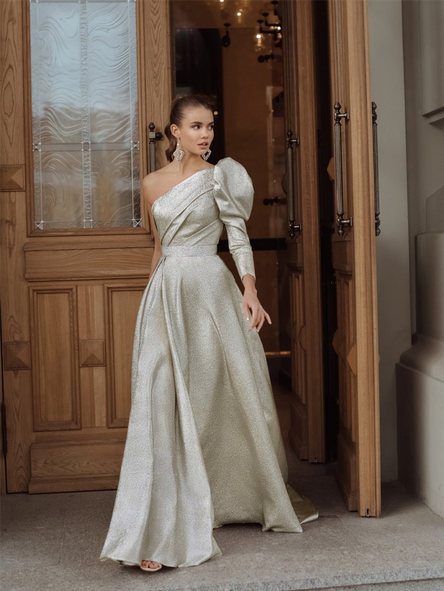 High Waist Elegant Vestidos Maxi Dress Oblique Shoulder Sleeve Dress Women Slim Fit Solid Color Dinner Long Dresses