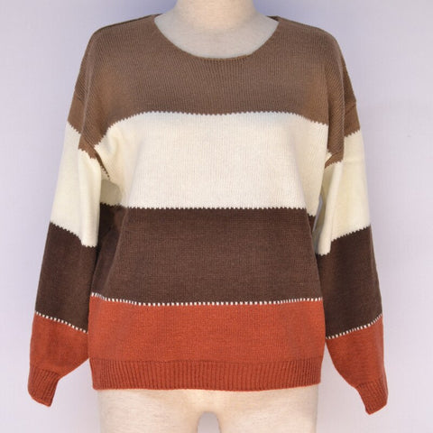 Geumxl Boho Oversized Loose Winter Striped Sweater Women Pullover O Neck Womens Sweaters Color Block Spliced Sweaters Jumper