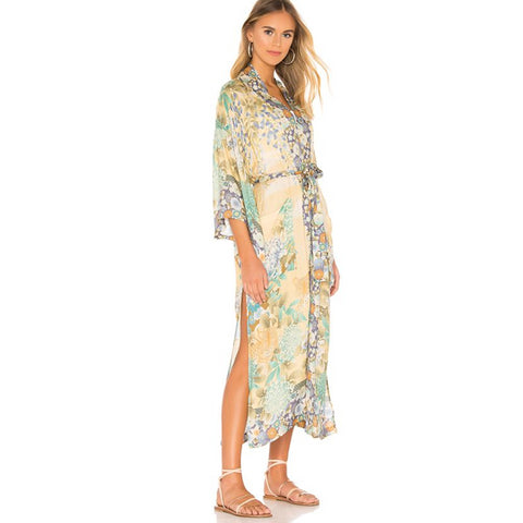 Geumxl 2022 Printed Summer Beach Wear Clothing Long Kimono Autumn Plus Size Tunic Women Tops Self Belted Wrap Coat A155