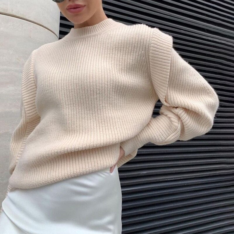 Ruffles Crewneck Women's Knitted Sweater Long Sleeve Loose Autumn Winter Female Jumper 2021 New Chic Solid Ladies Pullovers Top