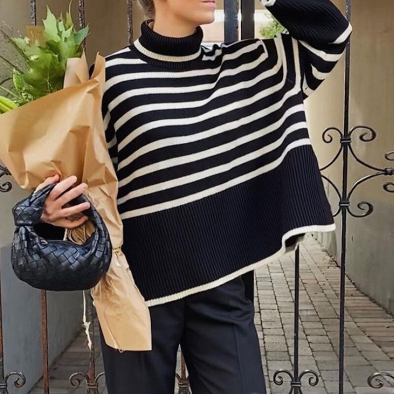 Geumxl Autumn Winter Women Casual Long Sleeve Striped Patchwork Jumpers Ladies Knitted Sweaters Cashmere Zip V-Neck Tops Pullover Lady