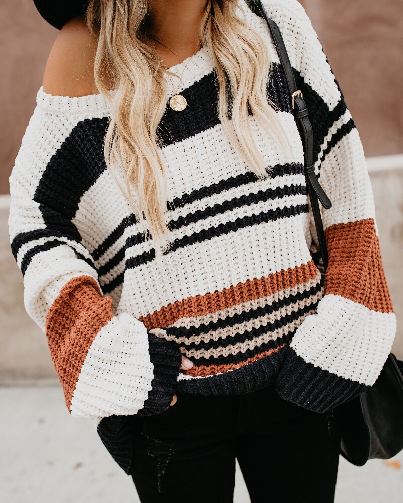 Geumxl 2023 Women Vintage Sweaters Winter Knitted Pullover Loose Striped Knit Jumpers Boho Color Block Knitwear Casual Sweater