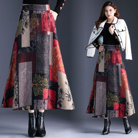 Geumxl Autumn Winter A-Line Long Skirts Womens Maxi Skirt Female High Waist Warm Wool Skirt Elegant Office Lady Printing Plaid Skirt