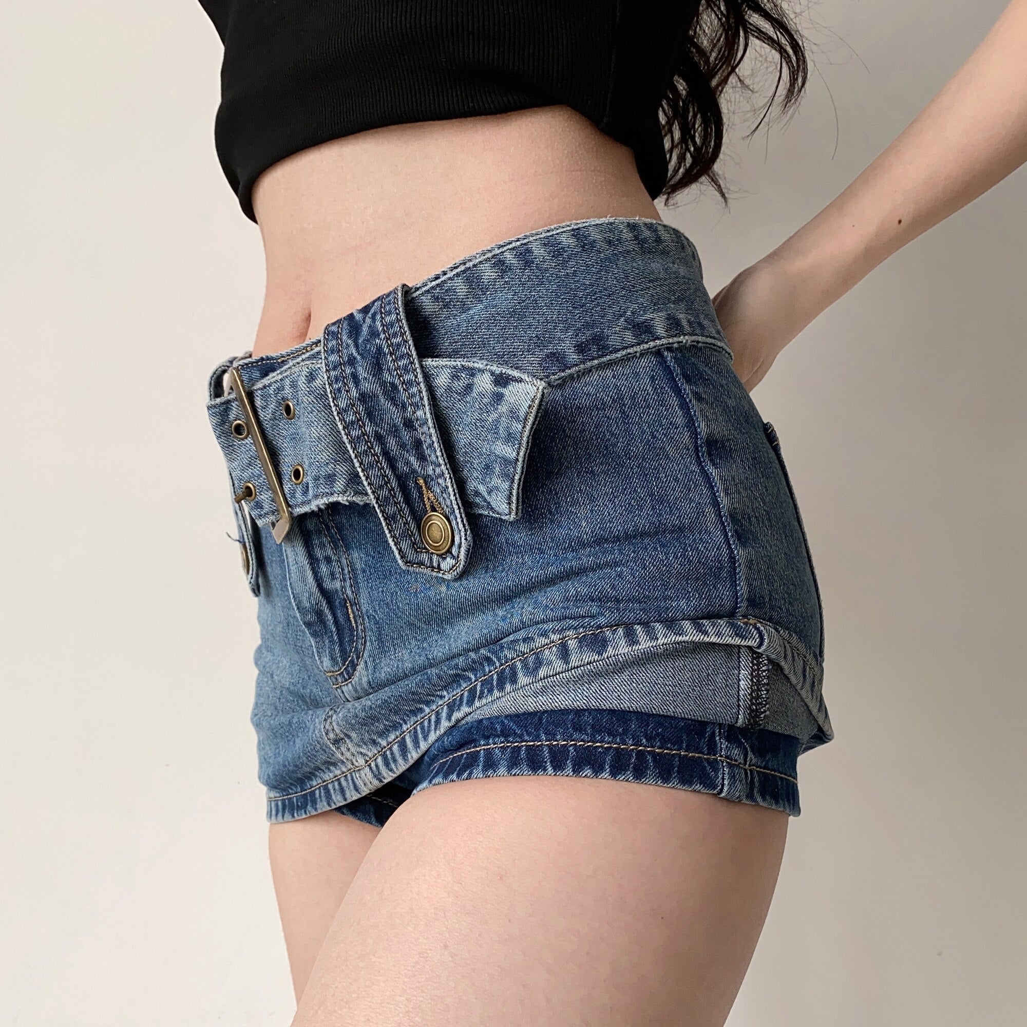 Geumxl Wide Belt Denim Miniskirt For Women Korean Hot Sexy Women Short Skirts Pocket High Waist Boho Safari Style