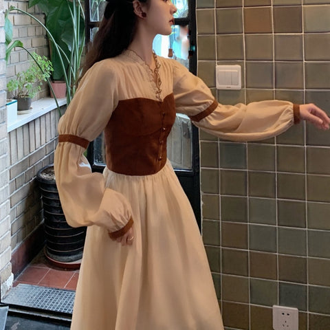 Geumxl Vintage Dresses For Women Long Sleeve V-Neck Chiffon One-Piece Dress Korean Evening Party Fairy Dress Elegant Female Autumn 2022
