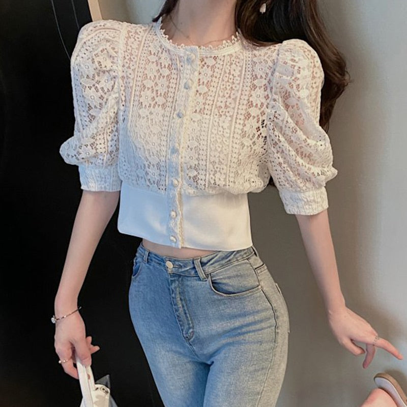 Summer Blouse Women Korean Hollow Out Lace White Women Shirt  2022 New Short Sleeve Button Loose Shirts Solid Female Tops 13607