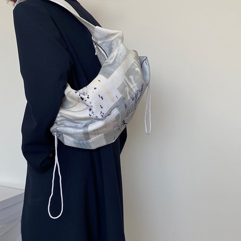 Geumxl Back to School Fashion Design Women Canvas Print Shoulder Bag Large Capacity Ladies Drawstring Underarm Bags Student Travel Casual Tote Handbag