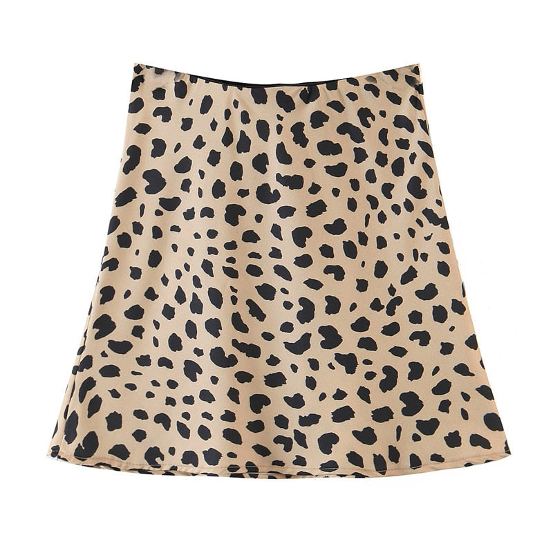 Retro Elastic High Waist Leopard Print Satin Skirt like Silk Summer Women Mini Short A-line Skirts