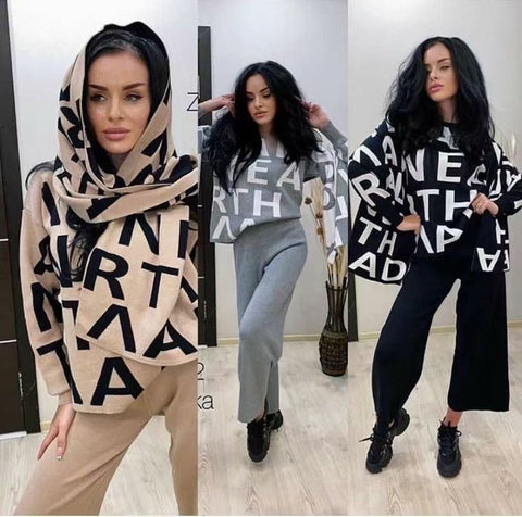 Geumxl Sweater Set Women Tracksuit 3-Piece Fleece Set Letter Knitted Pullover O Neck Tops Large Shawl Scarf + Wide Leg Pant