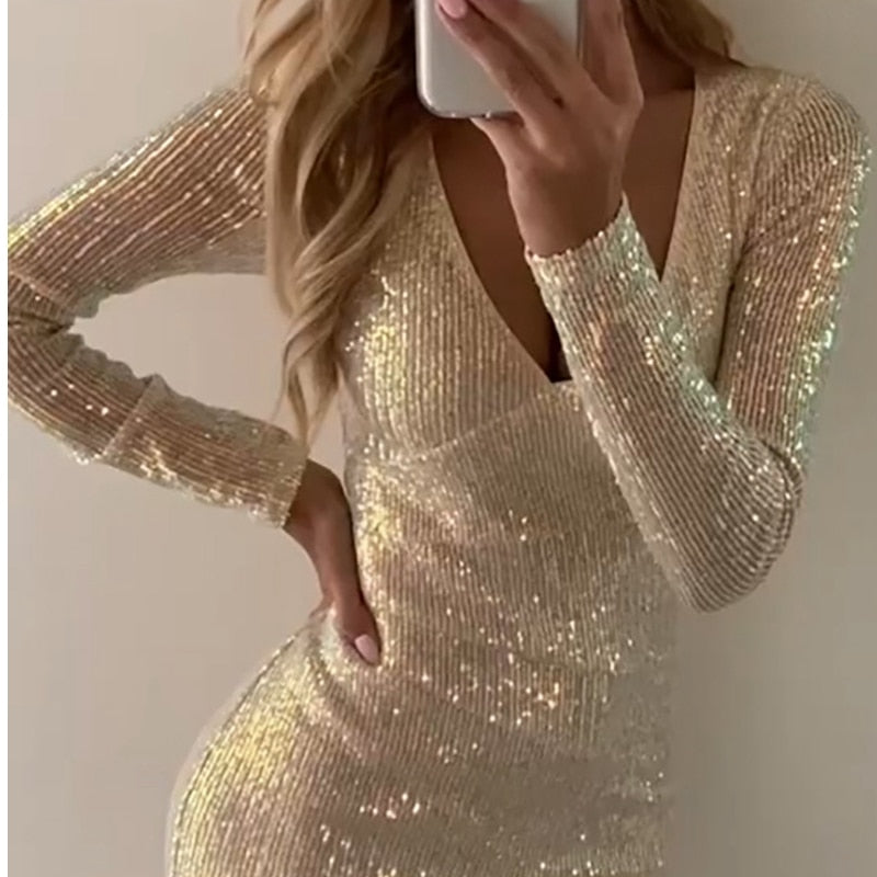 High Wasit Mini Evening Formal Dress Champagne Sequin Dress Women Long Sleeve V-Neck Bodycon Party Dress Slim Fits