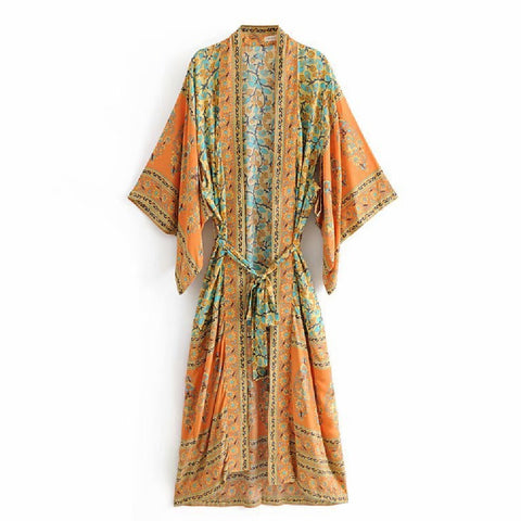 Geumxl 2022 Printed Summer Beach Wear Clothing Long Kimono Autumn Plus Size Tunic Women Tops Self Belted Wrap Coat A155