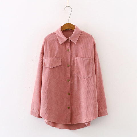 Geumxl New Women Solid Corduroy Batwing Sleeve Vintage Blouse Turn-Down Collar Loose Top Button Up Pink Shirt Feminina Blusa