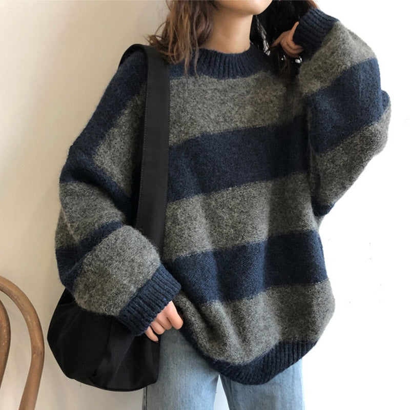 Geumxl Autumn Striped Knitted Sweaters Women Vintage Loose Pullover Winter Casual Jumper Ladies Oversized Sweater Sueter Mujer 2023