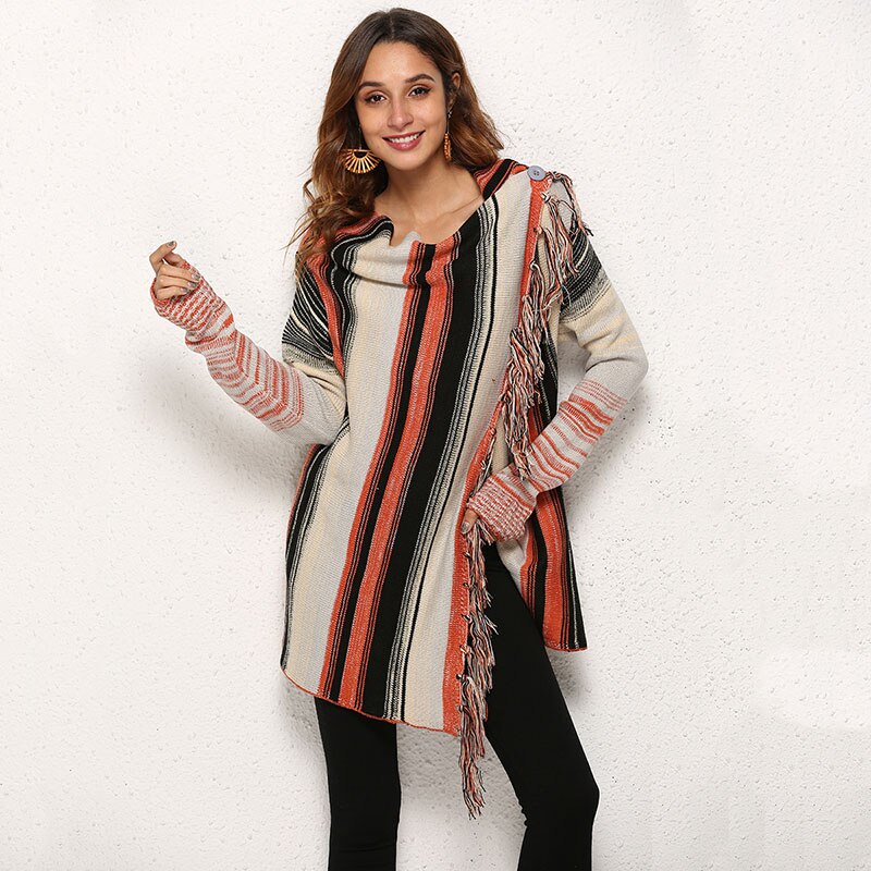 Long Sleeve Sweaters Cardigan Women Coats Vintage Irregular Fringe stripe Autumn Winter Jacket Boho knitted Long Jumper