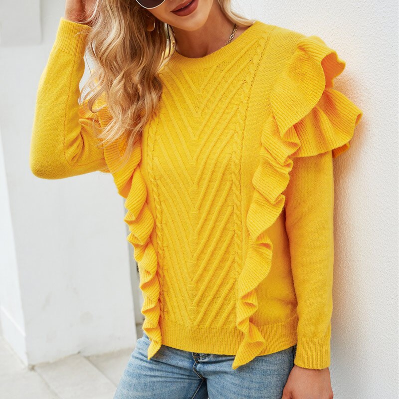 Ruffles Knitted Women's Sweaters Yellow Butterfly Long Sleeve O-neck Top Women Autumn Winter 2021 Casual Chic Female Sweater