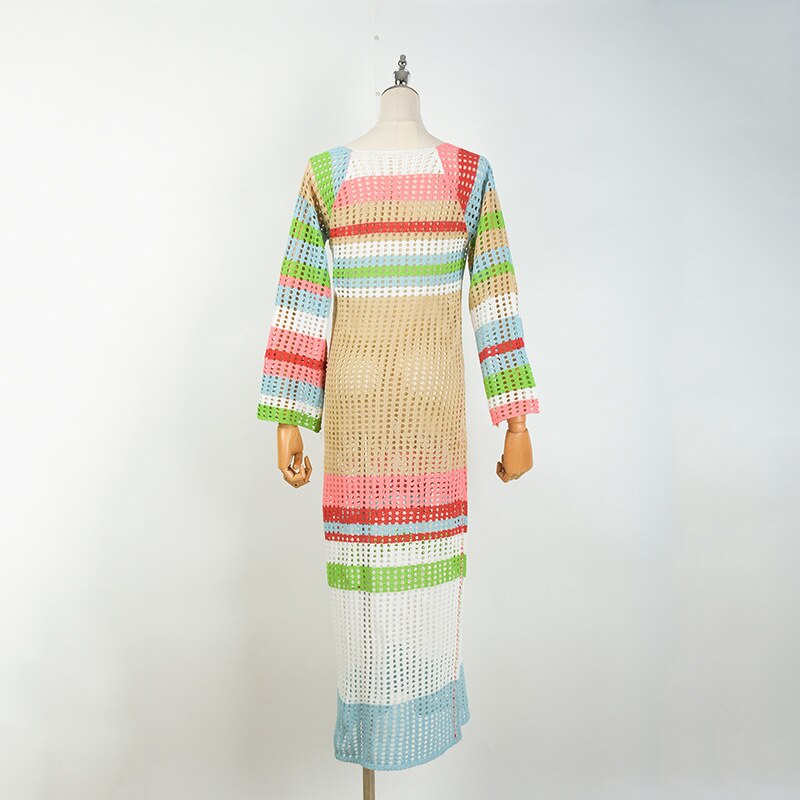 Geumxl 2022 Femme Knitting Midi Dress Long Sleeve Vestido Feminino Colorful Hook Sweater Dresses Boho Vacation Overall Dress Vestidos