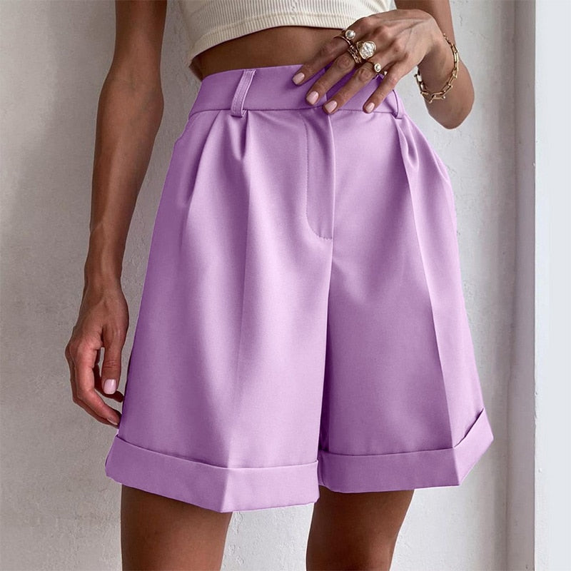 New 2022 Wide Leg Loose Bermuda Shorts For Women High Waist Purple Or Black Cotton Shorts Free Belt High Quality Bermuda Femme