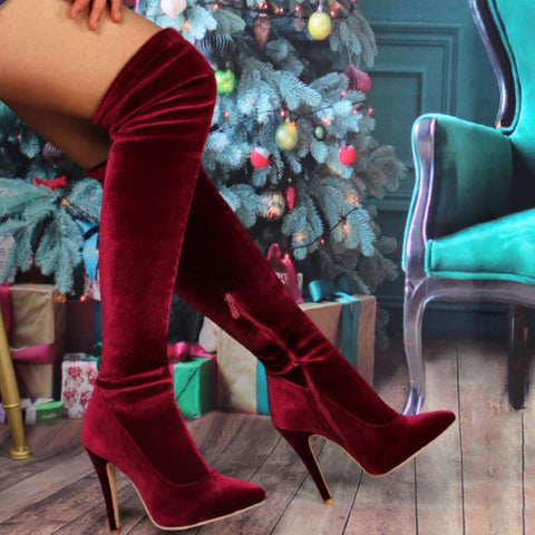 Large Size 43 Female Women's Thigh Boots Pointed Toe Thin High Heels Velvet Sexy Party Shoes Autumn Winter Over The Knee Boots