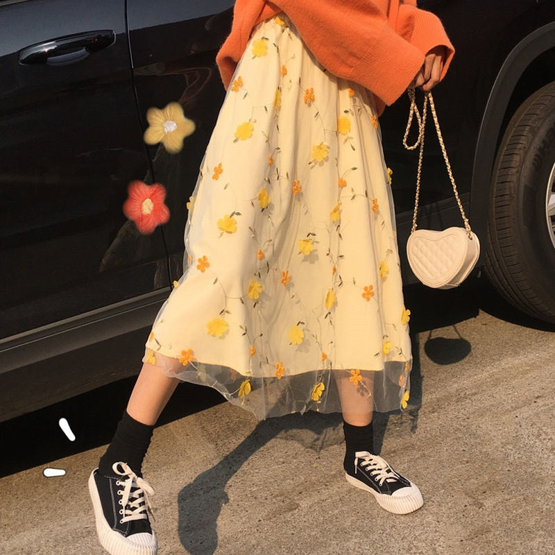 Geumxl Yellow 3D Flower Lace Skrit Women High Waist Mesh Long Skrit Female Elegant Midi Tulle Skirt Sweet Cute Student School Wear Saia