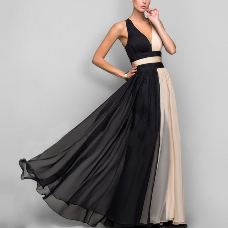 Summer Elegant Dresses Sleeveless Maxi Dresses Deep-V Neck Patchwork Temperament  Versatile Vestido