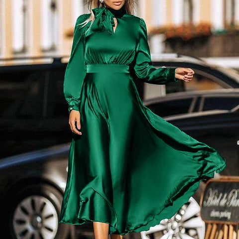 Geumxl 2022 Elegant Sheath Maxi Sundress Casual Strappy Bow Tie Wrap Kleid Vestidos Women Long Sleeve Satin Silk Lady Long Dress