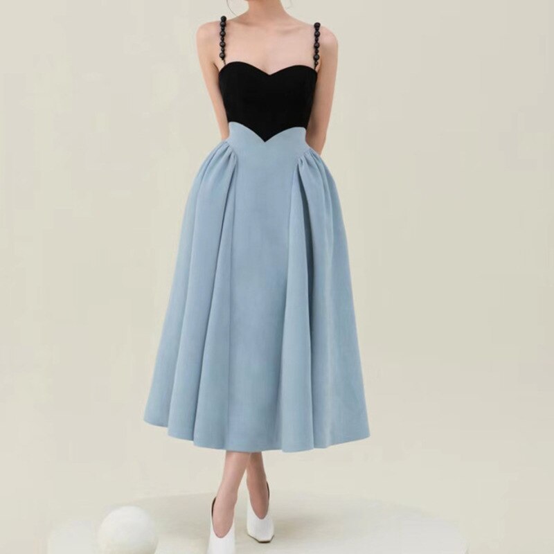 Geumxl Woman Midi Strapless Dress Pearl Hit Color Formal Style Elegant Banquet Sling Dresses 2023 New Summer Fashion 15JK077