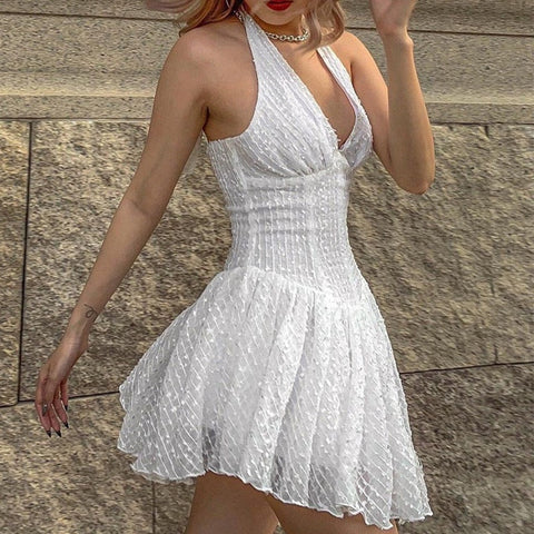 Geumxl Graduation Gifts 2023 Summer Sexy Halter Puffy Party Dress Women Elegant V Neck Sleeveless A-Line Dress Lady Backless Mini White Princess Dresses
