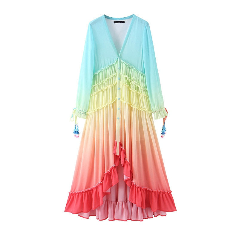 Geumxl Women's Summer Bohemian Dress Printing Gradient Elegant Maxi Dress Patchwork Rainbow Color Party Dress Ruffles Sweet Vestidos
