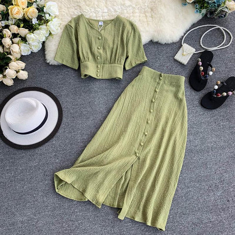 Geumxl New Women Two Piece Set Summer Outfits Woman Clothes Fashion V Neck Crop Top + Slim A-Line Long Skirts Suits 2 Pc Sets