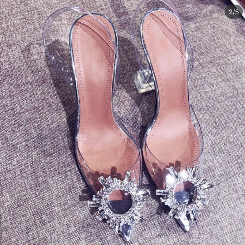 Pointed transparent sandals female new style word with stiletto rhinestone sexy Baotou high heels