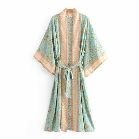 Geumxl 2022 Printed Summer Beach Wear Clothing Long Kimono Autumn Plus Size Tunic Women Tops Self Belted Wrap Coat A155