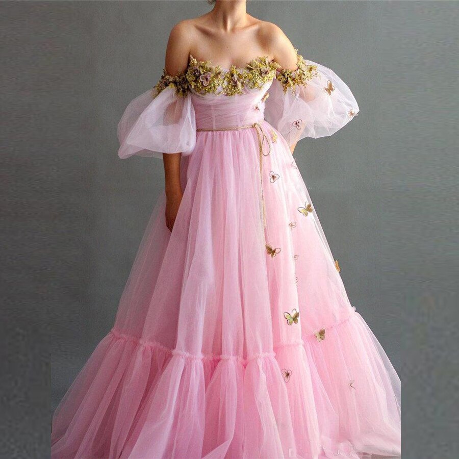 Graduation gifts  Off the Shoulder Floral Appliques Tulle Pink Prom Dresses With 1/2 Sleeves Long Formal Dress Evening Party Gowns