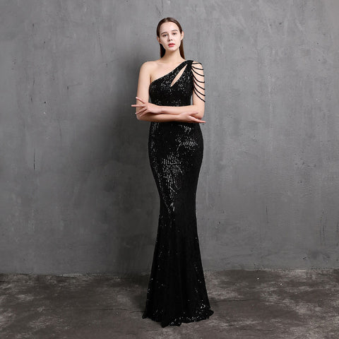Geumxl Evening Dresses Long  One-Shoulder  Floor-Length  Prom Dress Mermaid  Sequined  Evening Dresses  Prom Dresses