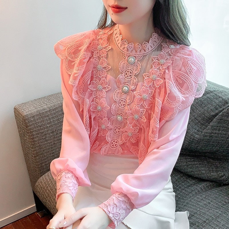 2023 Spring Fashion Embroidered Blouse Beaded Flower Chiffon Shirt Women's Sweet Long-Sleeved Stand-Up Collar Ruffled Lace Shirt