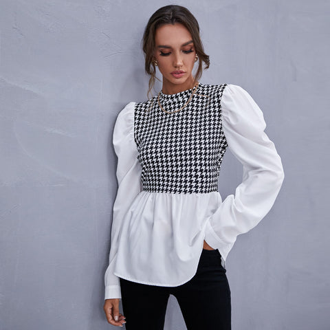 Vintage Plaid Patchwork Shirt For Women Elegant O Neck Puff Sleeve Ruffle Tops Fashion 2023 New Spring Autumn Office Lady Tops