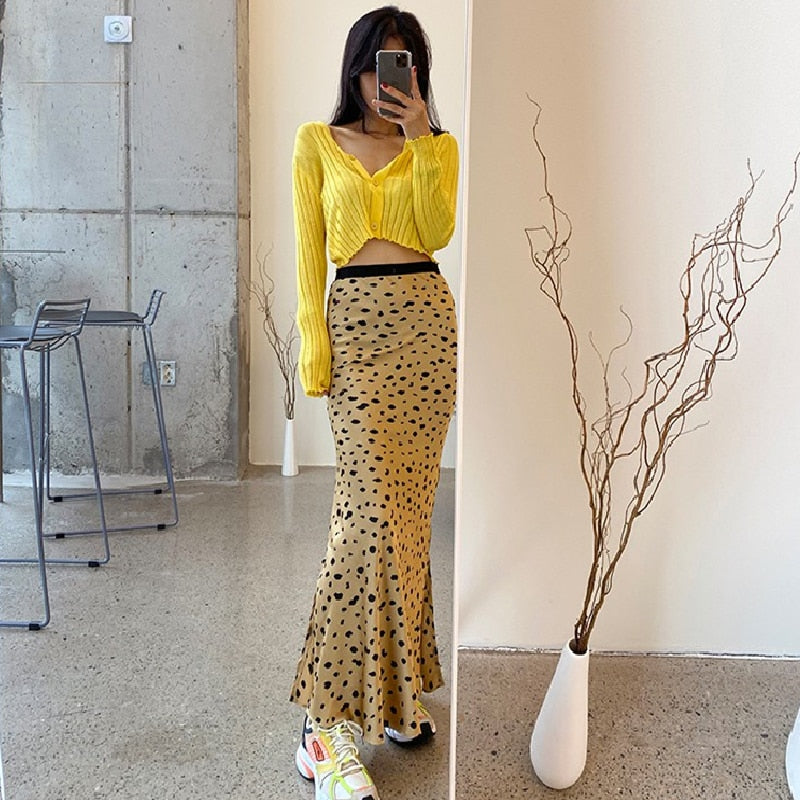 Korean Chic Retro Temperament Fashion Sexy High Waist Wrap Hip Satin Leopard Mermaid Skirt Women Mujer Faldas Print Split