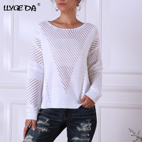 Hollow Out Women's Sweater O-neck Long Sleeve Drop Shoulder Panelled Pullovers Female 2021 Autumn Winter White Loose Top Woman