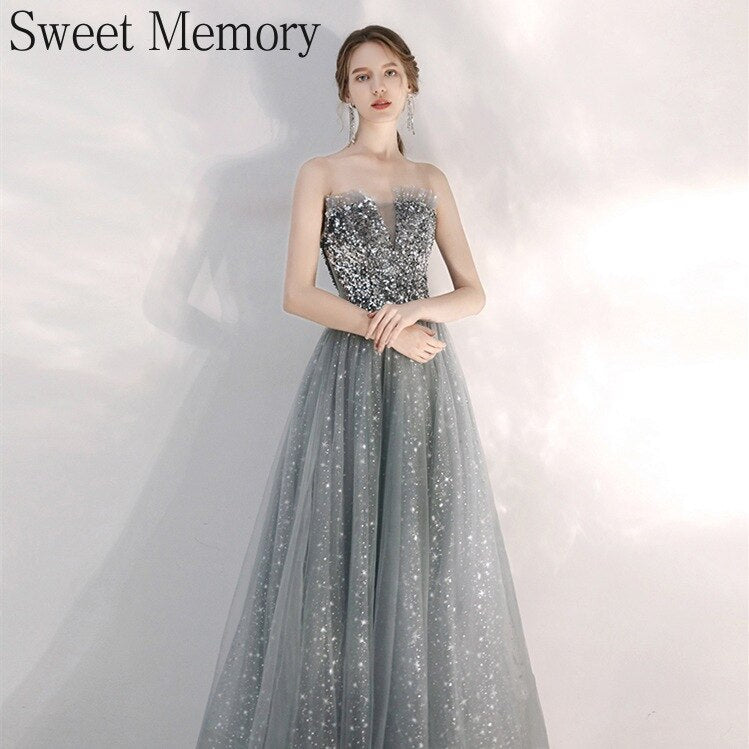 Graduation gifts  J1145 Sweet Memory Long Silver Gray Evening Dresses Celebrity Sequined Graduation Robes Soiree Dinner Wedding Party Dress Women