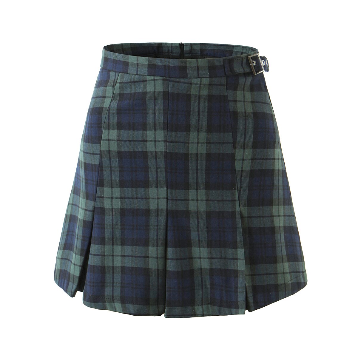 Geumxl Women Buckle Belt High Waist Check Gingham Plaid Print Mini Pleated Skirt England Vintage Package Hips Zipper Short Skirts